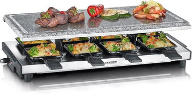 SEVERIN Raclette-Grill con piedra natural, parrilla eléctrica de sobremesa, raclette para 8 personas con placa de parrilla grill y 8 sartenes, plástico/acero inoxidable, negro, RG 2374